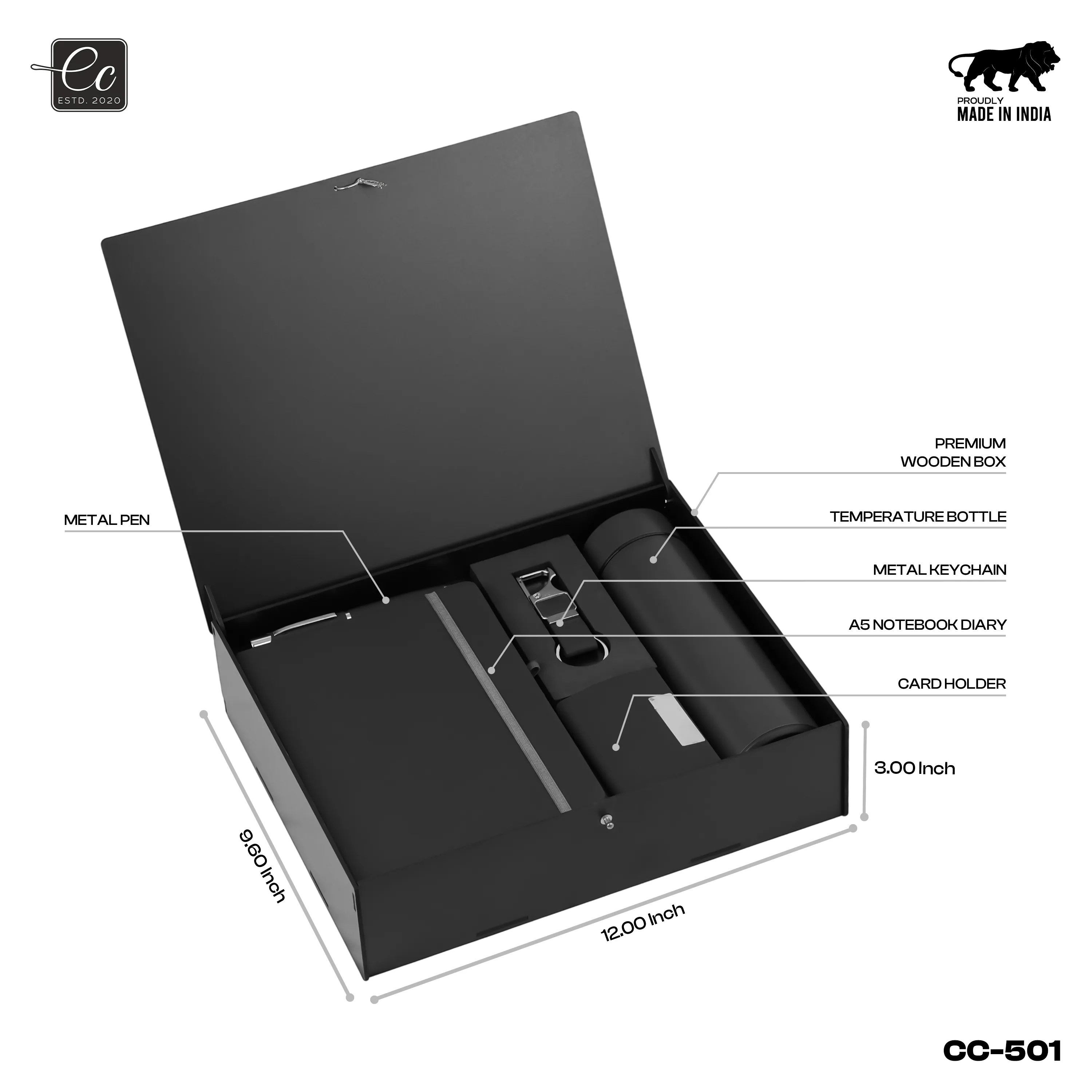 5 in 1 Corporate Gift Set includes Personalized Diary, Pen, Keychain, Card Holder and Temperature Bottle